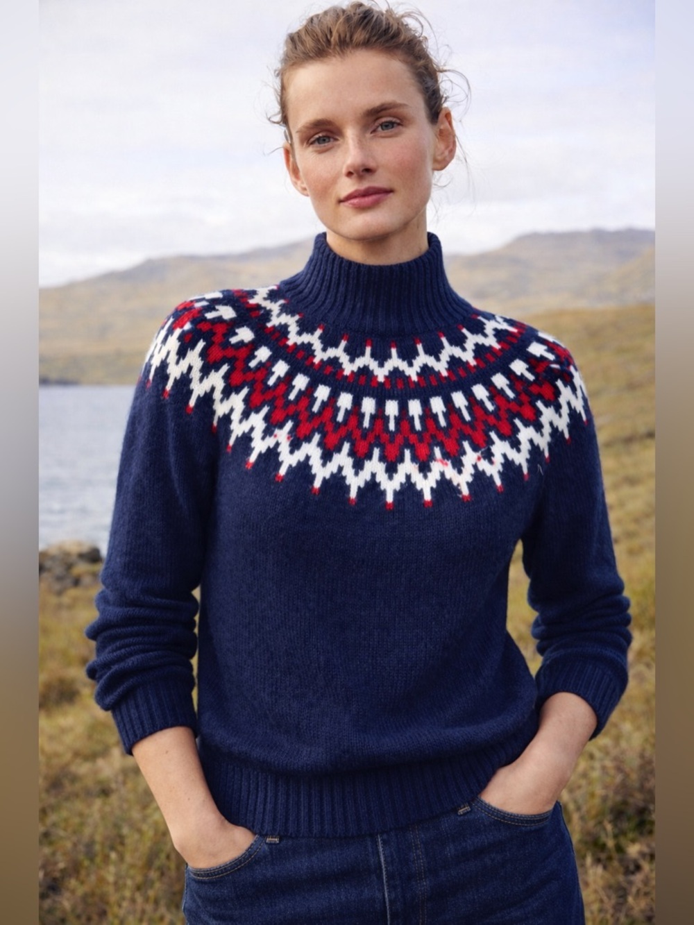 J Crew Navy Fair Isle Mockneck Sweater Size Small BM179